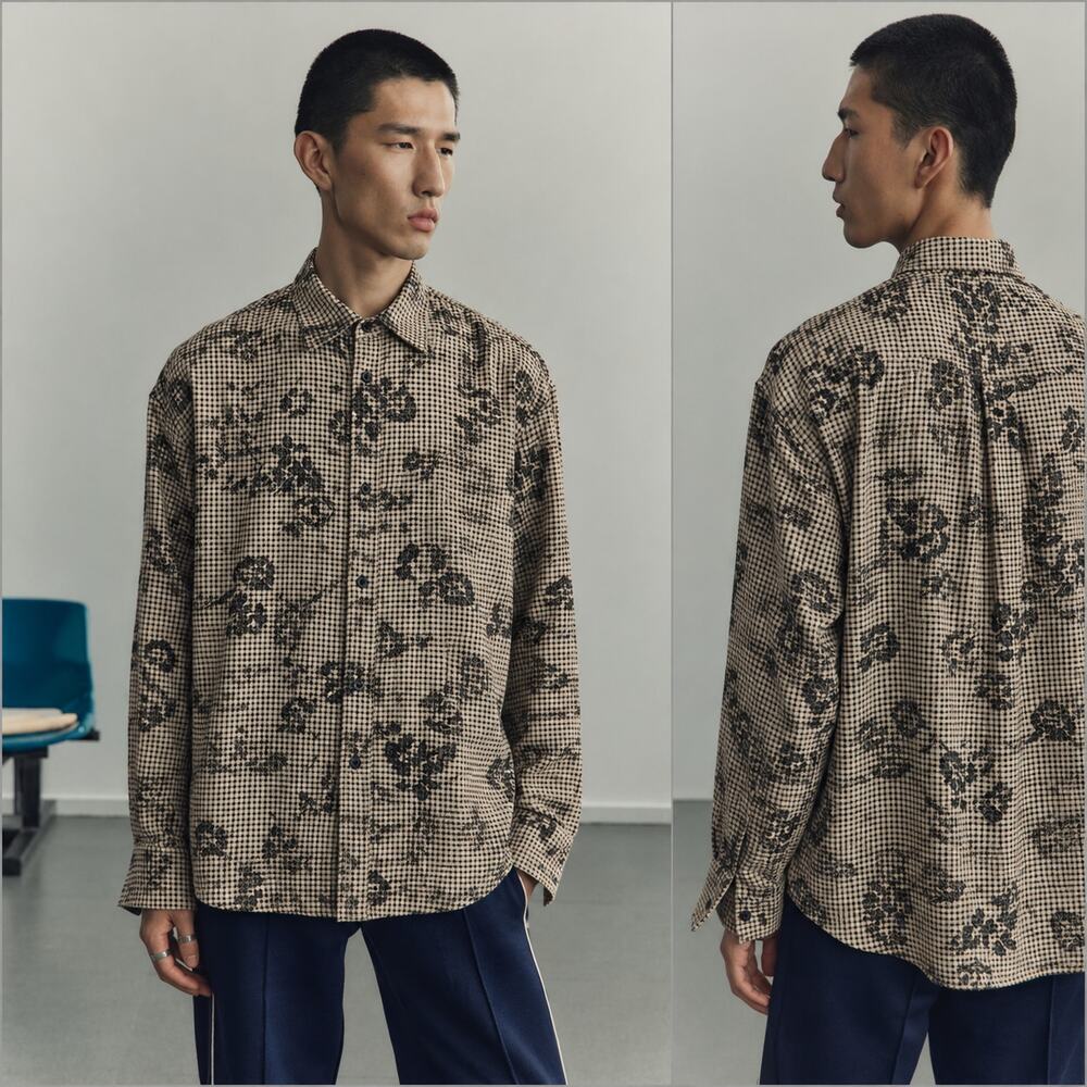 H&M ATELIER AW 26 Loose Fit Shirt Textured weave floral grid Beige Black sz M